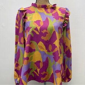 Fantastic Fawn Pink and Yellow Graphic Ruffled Blouse